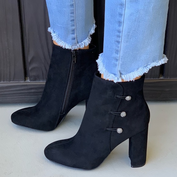 Velvet Sparkle Buttons Block Heel Ankle Booties - Picture 1 of 8